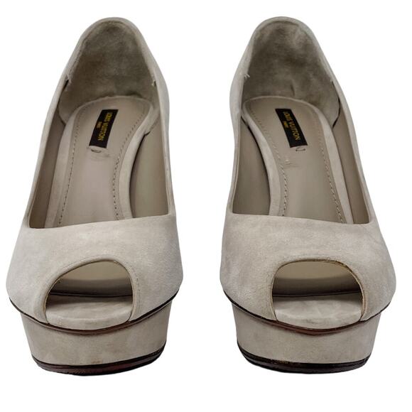 Louis Vuitton Eyeline neutral suede peep toe platform pumps size 37 US6.5 - Picture 3 of 14